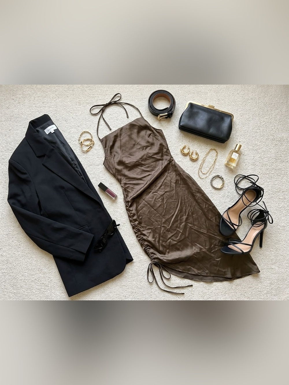 CBR Brown Satin Halter Backless Dress Side Tie Asymmetrical Medium